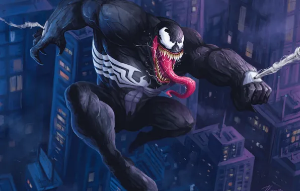 Язык, город, паутина, паук, комиксы, Веном, Venom, симбиот