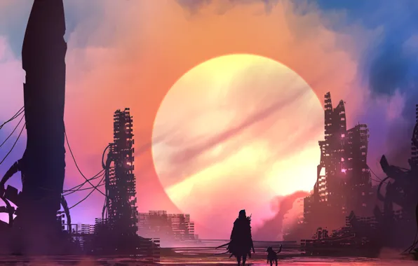 Картинка city, future, sword, fantasy, weapon, Sun, sunset, science fiction
