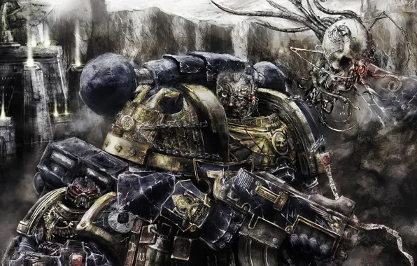 Картинка warhammer 40k, bolter, space marines, ultramarines, flying skull, imperium, grenade, heavy bolter