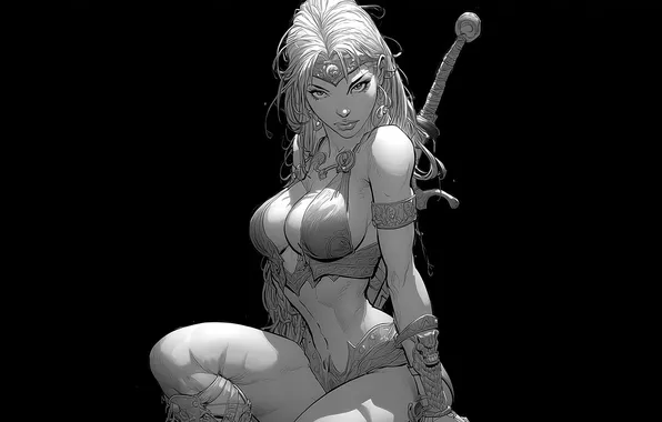 Картинка black, monochrome, women, Illustration, drawing, Barbarian, bare shoulders, looking at viewer