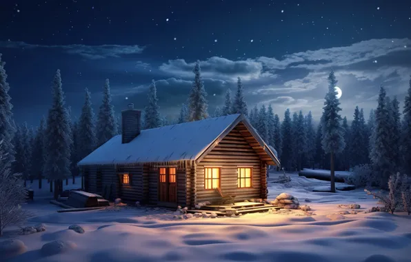 Картинка зима, лес, снег, ночь, house, хижина, christmas, forest