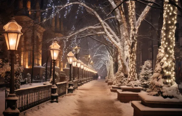 Картинка зима, снег, деревья, ночь, lights, парк, улица, фонари