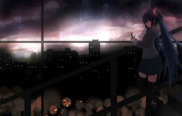 Картинка девушка, город, дождь, аниме, наушники, арт, vocaloid, hatsune miku