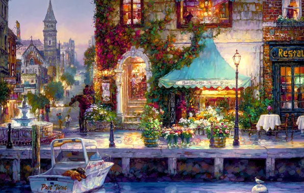 Картинка цветы, город, река, лодка, дома, вечер, фонарь, ресторан