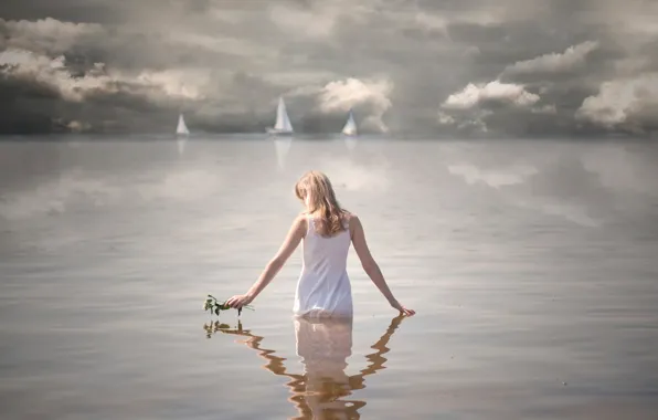 Картинка девушка, цветы, паруса, в воде