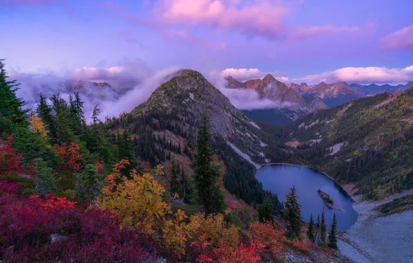 Осень, деревья, горы, озеро, штат Вашингтон, Каскадные горы, Washington State, Cascade Range