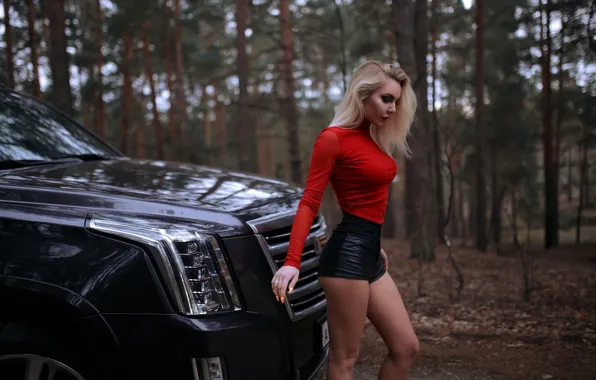 Картинка car, Cadillac, girl, forest, Model, shorts, legs, trees
