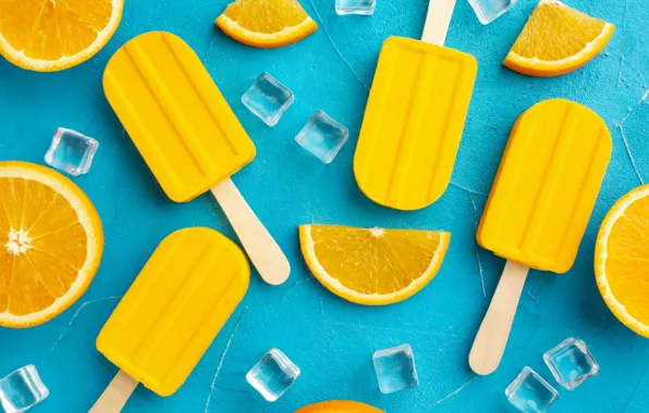 Картинка фон, апельсины, мороженое, эскимо, дольки, кубики льда, апельсиновое