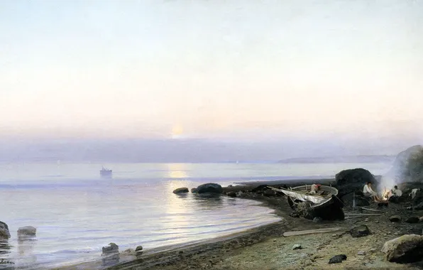 Море, люди, берег, лодка, картина, костер, Руфин Судковский