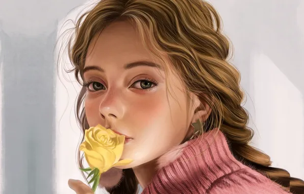 Розовый, серый фон, свитер, портрет девушки, желтая роза, Vincent Chu