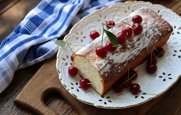 Листья, вишня, ягоды, стол, доски, полотенце, тарелка, десерт