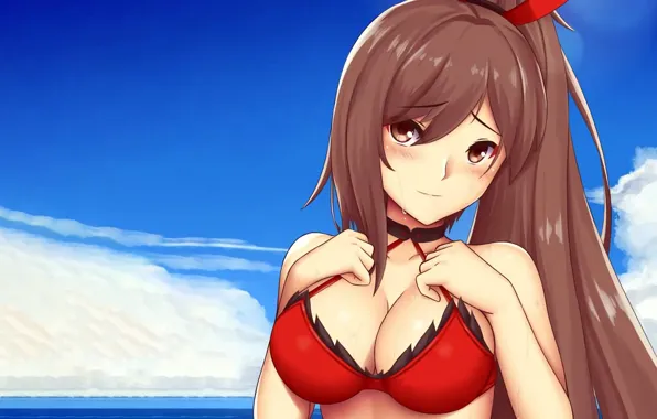 Картинка girl, sexy, cleavage, beach, long hair, sea, brown hair, boobs