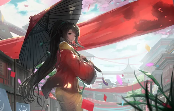 Девушка, праздник, зонт, аниме, сакура, арт, кимоно, kikivi