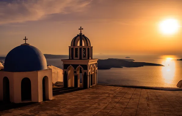 Картинка море, закат, город, вид, Санторини, Греция, церковь, купола