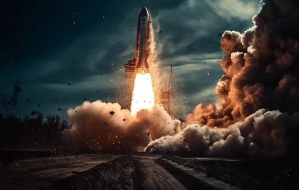 Spaceship, futuristic, through, flies