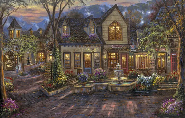 Картинка цветы, лавка, Robert Finale, дома, скамья, кафе, живопись, вечер