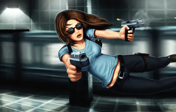 Картинка девушка, прыжок, пистолеты, пуля, стрельба