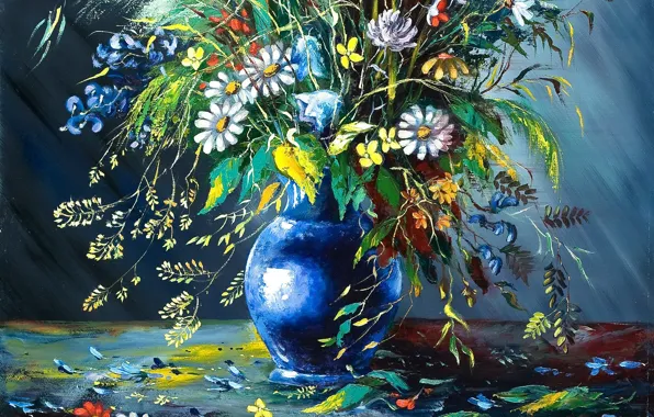 Картинка цветы, картина, лепестки, ваза, живопись, осыпаются