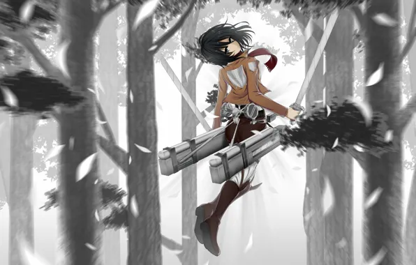 Картинка девушка, деревья, природа, оружие, меч, аниме, арт, shingeki no kyojin