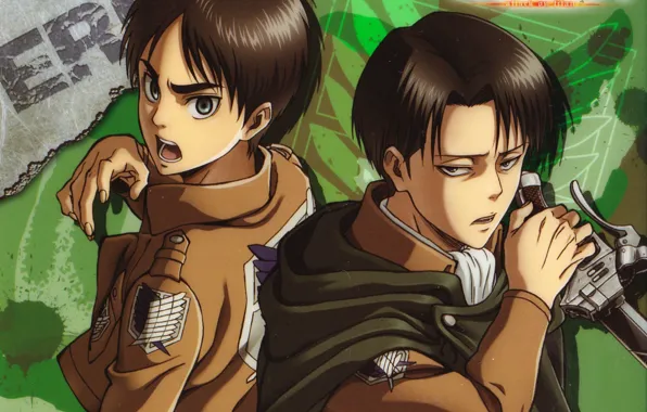 Эмблема, плащ, военная форма, два парня, спина к спине, Shingeki no Kyojin, Eren Yeager, Вторжение …