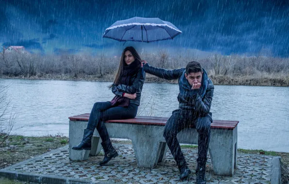 Девушка, дождь, зонт, парень, это любовь