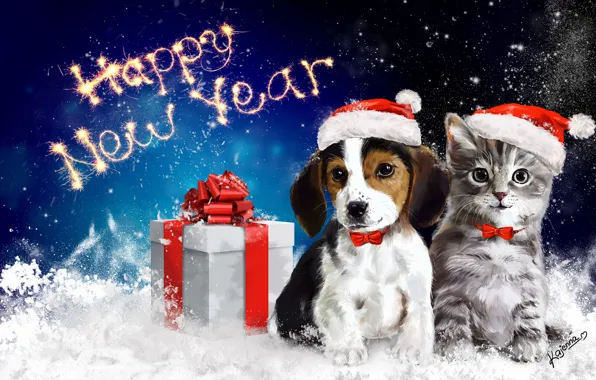 Картинка животные, снег, подарок, новый год, котик, арт, бант, собачка