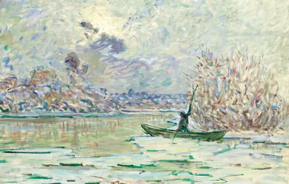 Пейзаж, лодка, картина, Claude Monet, Клод Моне, Зима возле Лавакора