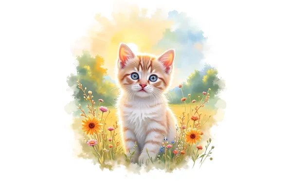 Кошка, лето, небо, взгляд, цветы, природа, поза, котенок