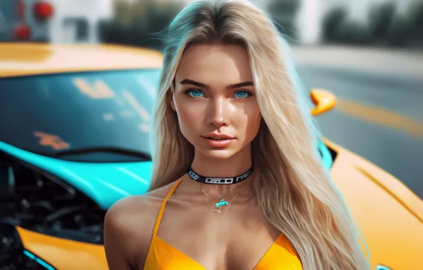 Картинка yellow, women, blonde, bikini, choker, AI art