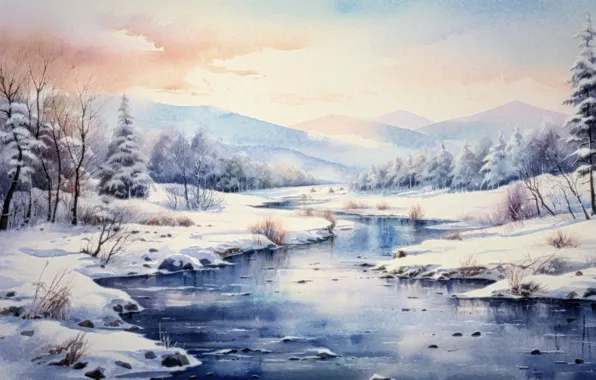Зима, лес, снег, деревья, пейзаж, природа, берег, картина
