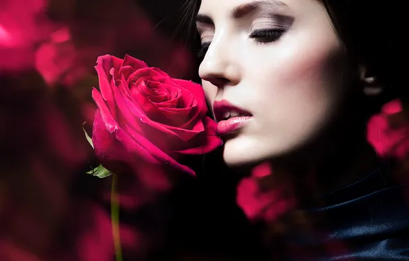 Картинка цветок, девушка, лицо, макияж, красная роза