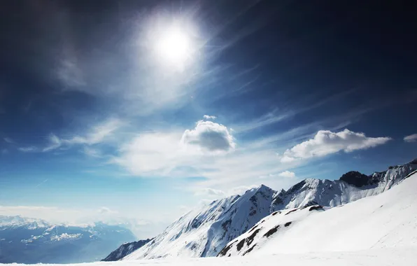 Картинка небо, солнце, облака, снег, горы, природа, скалы, высота