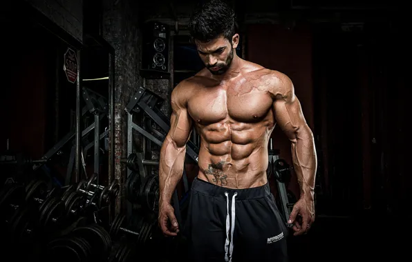 Поза, татуировка, muscle, мышцы, tattoo, пресс, гантели, тренажерный зал