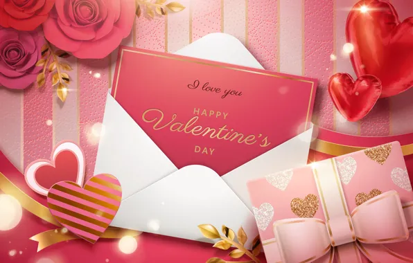 Цветы, фон, подарок, надпись, сердечки, валентинка, Happy, Valentine Day