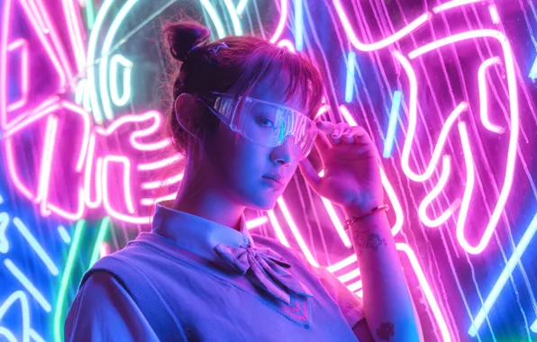 Девушка, фон, обои, неон, очки, wallpaper, girl, картинка