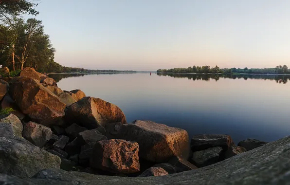 Гладь, река, камни, рассвет, речка, Днепр