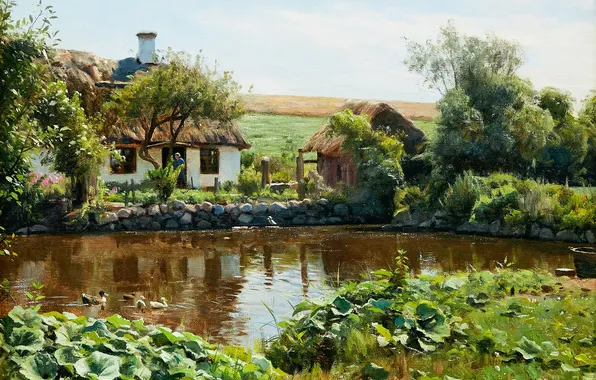 Дома, Деревья, Картина, Речка, Peder Mork Monsted, Петер Мёрк Мёнстед, Peder Mørk Mønsted, Датский живописец