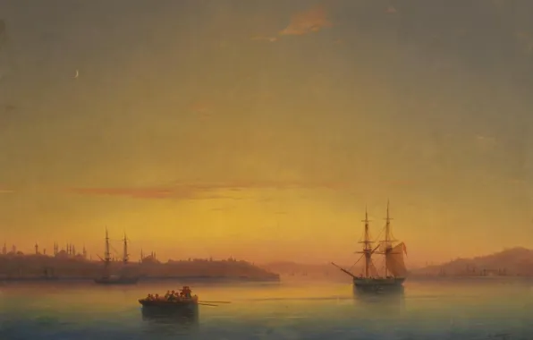 Лодка, корабль, картина, 1851, Иван Айвазовский, Константинополь на Заре