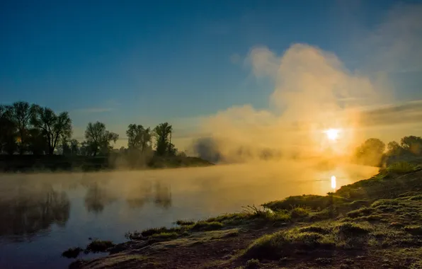 Пейзаж, природа, отражение, рассвет, весна, туман над рекой