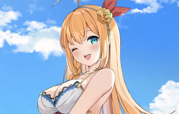 Girl, sexy, cleavage, blouse, long hair, boobs, anime, blue eyes