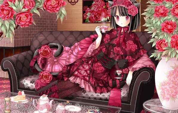 Картинка девушка, цветы, стол, диван, чай, подушки, арт, хвост