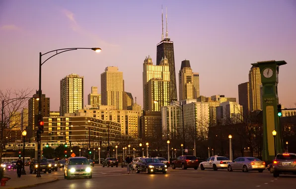 Картинка машины, город, небоскребы, утро, USA, Chicago, illinois