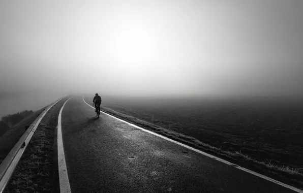 Картинка дорога, туман, велосипедист