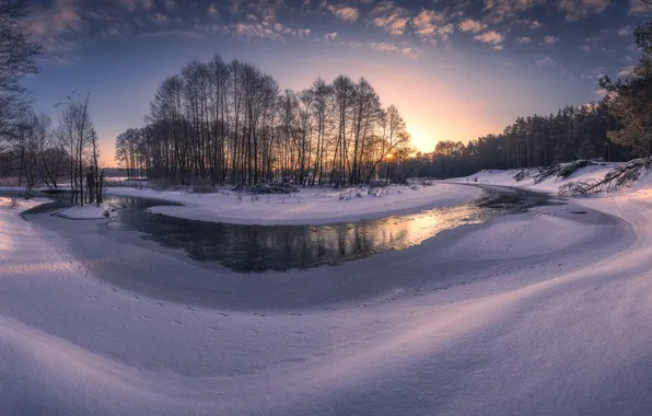 Зима, снег, деревья, закат, река, Польша, Poland, Grabia River