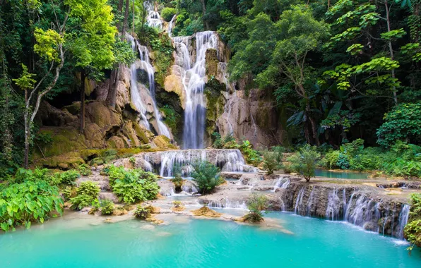 Лес, деревья, камни, скалы, водопад, Laos, Лаос, Kouangxi Water Fall