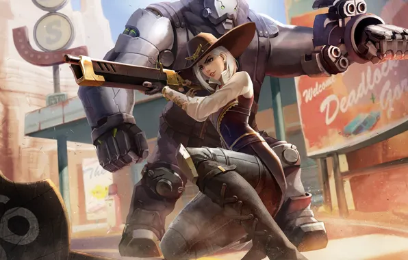 Девушка, оружие, игра, робот, Ashe, Overwatch, B.O.B.