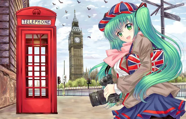 Картинка девочки, англия, флаг, арт, фотоаппарат, телефон, vocaloid, hatsune miku