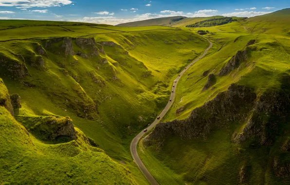 Картинка дорога, солнце, горы, скалы, ущелье, England, K.Jagiello