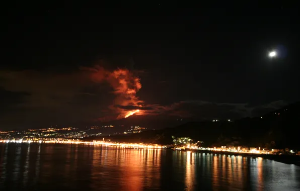 Moon, Italy, Lights, Etna, Sicily, Lava, Volcano, Eruption