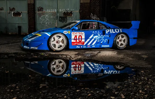 Вода, Отражение, Феррари, Ворота, Синяя, Лужа, Ferrari, F40